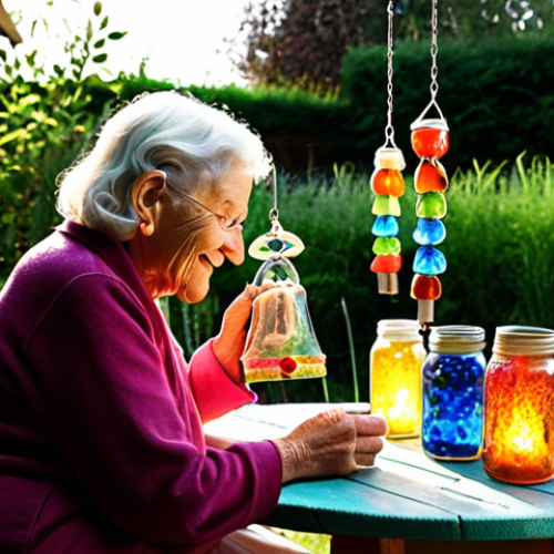 **

A vibrant garden scene featuring homemade wind chimes crafted from repurposed jam jars. The jars are decorated with colorful glass stones and illuminated by small candles, creating a warm and inviting atmosphere. In the background, an elderly woman (Oma) smiles as she teaches a younger person how to make the wind chimes.

**