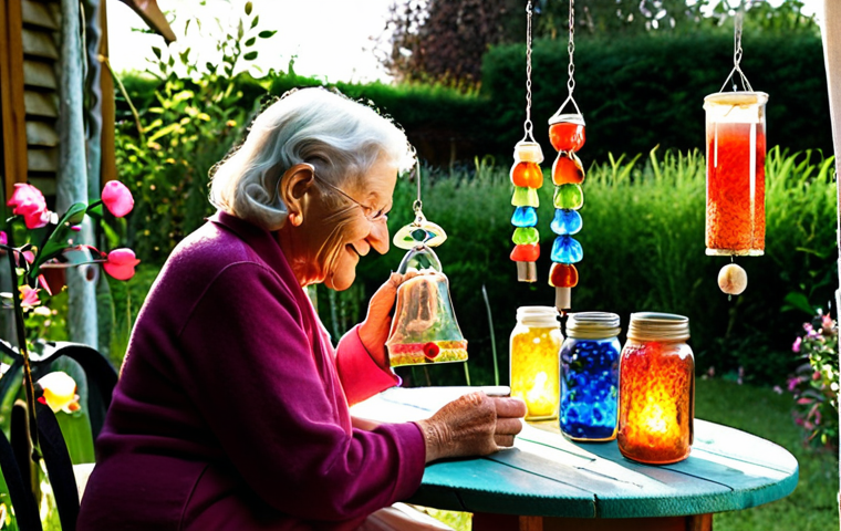 **

A vibrant garden scene featuring homemade wind chimes crafted from repurposed jam jars. The jars are decorated with colorful glass stones and illuminated by small candles, creating a warm and inviting atmosphere. In the background, an elderly woman (Oma) smiles as she teaches a younger person how to make the wind chimes.

**