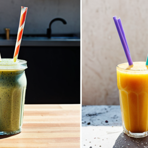 **Prompt:** A split-screen image. On one side, a soggy, disintegrating paper straw in a colorful smoothie on a sunny market day. On the other side, a close-up of a stainless steel straw with dried smoothie residue, next to a tiny cleaning brush. The background suggests a modern, minimalist kitchen.