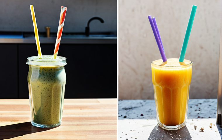 **Prompt:** A split-screen image. On one side, a soggy, disintegrating paper straw in a colorful smoothie on a sunny market day. On the other side, a close-up of a stainless steel straw with dried smoothie residue, next to a tiny cleaning brush. The background suggests a modern, minimalist kitchen.