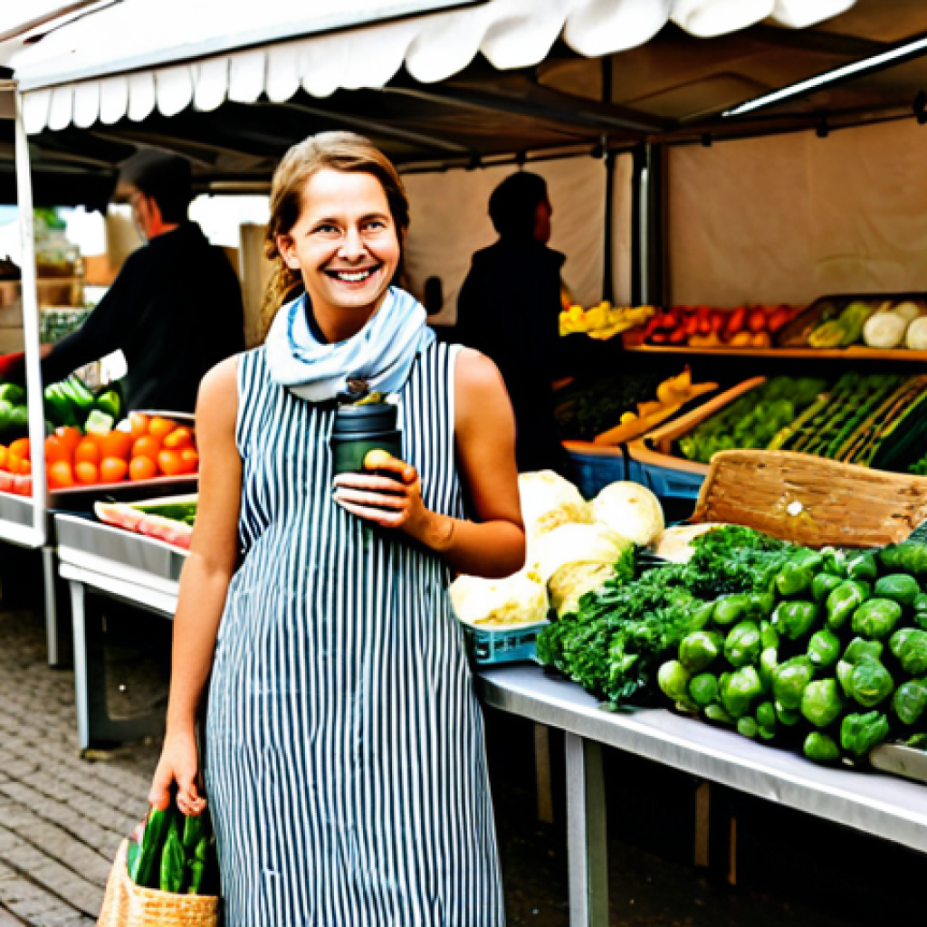 Sustainable Shopping**
"A brightly lit farmers market scene in Germany, showcasing fresh produce in reusable jute bags and net bags. A woman with a friendly smile, wearing a comfortable, stylish dress and a scarf, is carefully selecting organic vegetables. She is holding a reusable stainless steel water bottle. In the background are wooden stalls overflowing with colorful fruits and vegetables. Focus on earth tones and a sense of natural goodness. safe for work, appropriate content, fully clothed, modest, perfect anatomy, correct proportions, natural pose, professional photography, high quality."
**