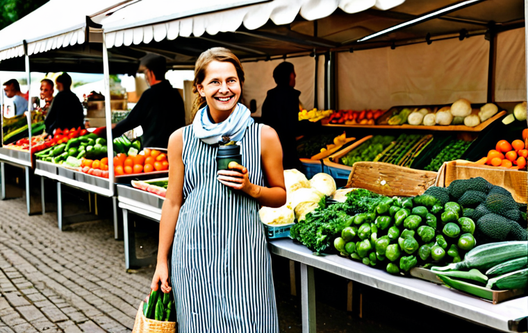 Sustainable Shopping**
"A brightly lit farmers market scene in Germany, showcasing fresh produce in reusable jute bags and net bags. A woman with a friendly smile, wearing a comfortable, stylish dress and a scarf, is carefully selecting organic vegetables. She is holding a reusable stainless steel water bottle. In the background are wooden stalls overflowing with colorful fruits and vegetables. Focus on earth tones and a sense of natural goodness. safe for work, appropriate content, fully clothed, modest, perfect anatomy, correct proportions, natural pose, professional photography, high quality."
**