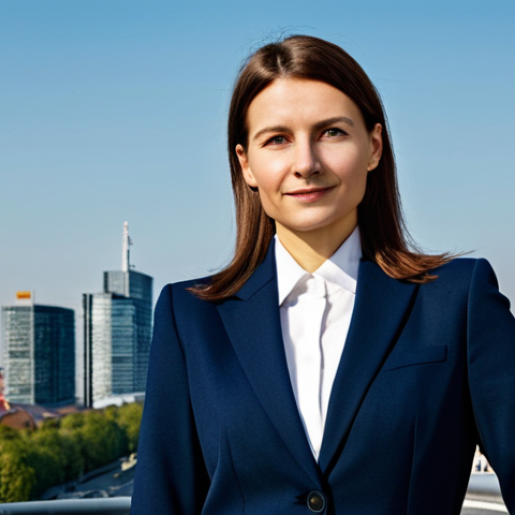 **Professional Portrait:** A confident businesswoman in a tailored, dark blue business suit, standing in front of the Berlin skyline, fully clothed, appropriate attire, safe for work, perfect anatomy, natural proportions, professional photograph, high quality.