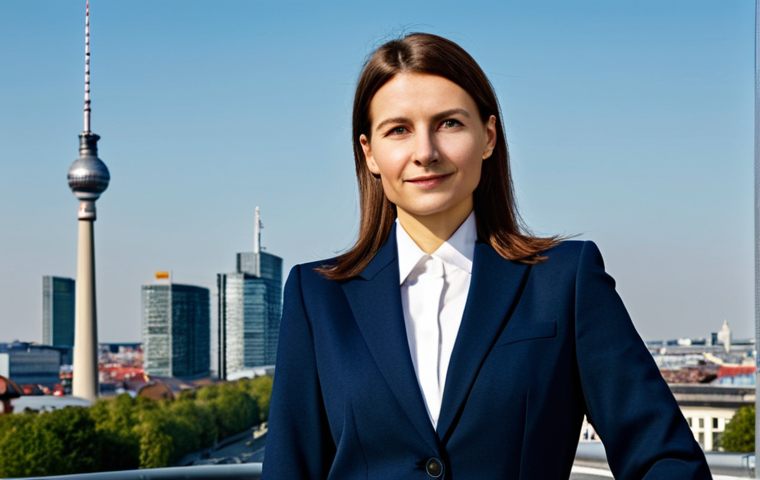 **Professional Portrait:** A confident businesswoman in a tailored, dark blue business suit, standing in front of the Berlin skyline, fully clothed, appropriate attire, safe for work, perfect anatomy, natural proportions, professional photograph, high quality.