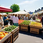 일회용품 대체를 위한 소비자 행동 변화 - **Prompt:** A vibrant and lively scene at a traditional German "Wochenmarkt" (weekly market) on a br...