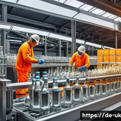 유리병 대 플라스틱병의 환경적 영향 - A detailed cross-sectional illustration of a modern glass bottle manufacturing plant in Germany, sho...