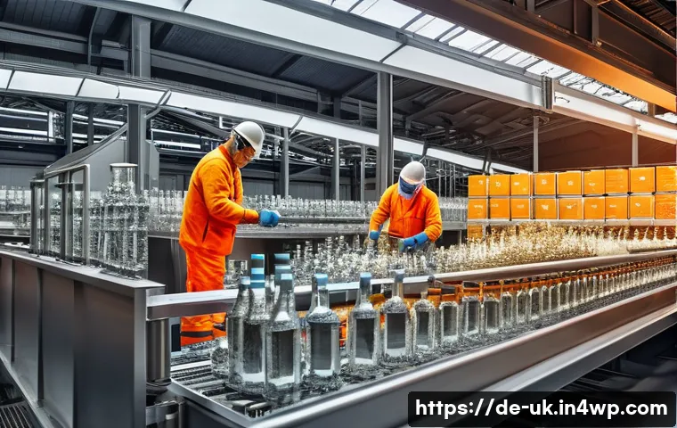 유리병 대 플라스틱병의 환경적 영향 - A detailed cross-sectional illustration of a modern glass bottle manufacturing plant in Germany, sho...