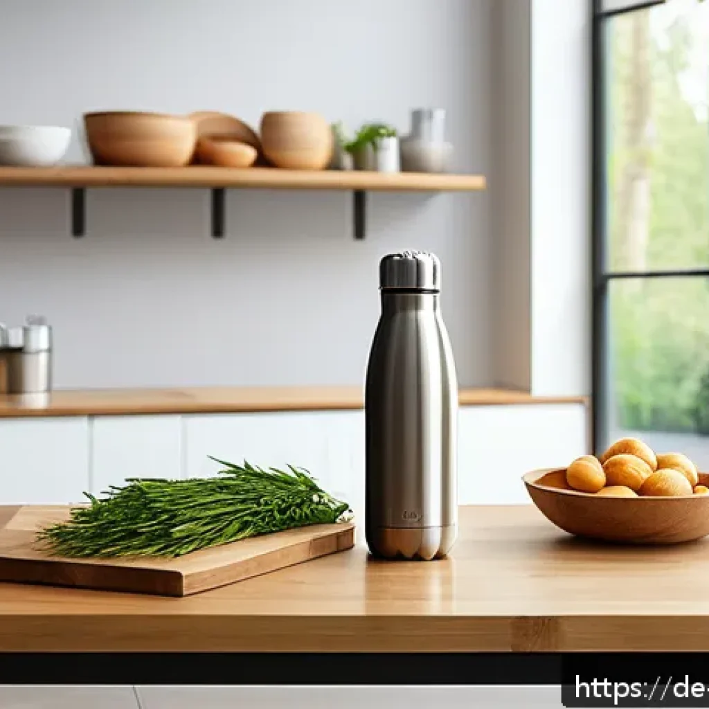 재생 가능한 자원으로 만든 대체 제품 - A modern kitchen scene showcasing sustainable everyday products: a reusable stainless steel water bo...