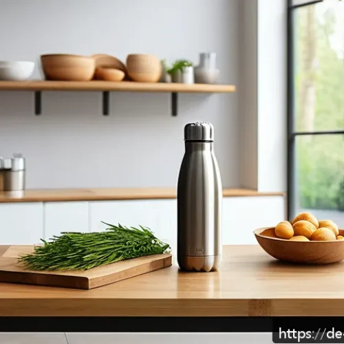 재생 가능한 자원으로 만든 대체 제품 - A modern kitchen scene showcasing sustainable everyday products: a reusable stainless steel water bo...