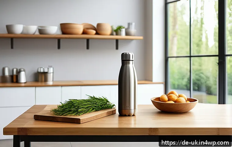 재생 가능한 자원으로 만든 대체 제품 - A modern kitchen scene showcasing sustainable everyday products: a reusable stainless steel water bo...